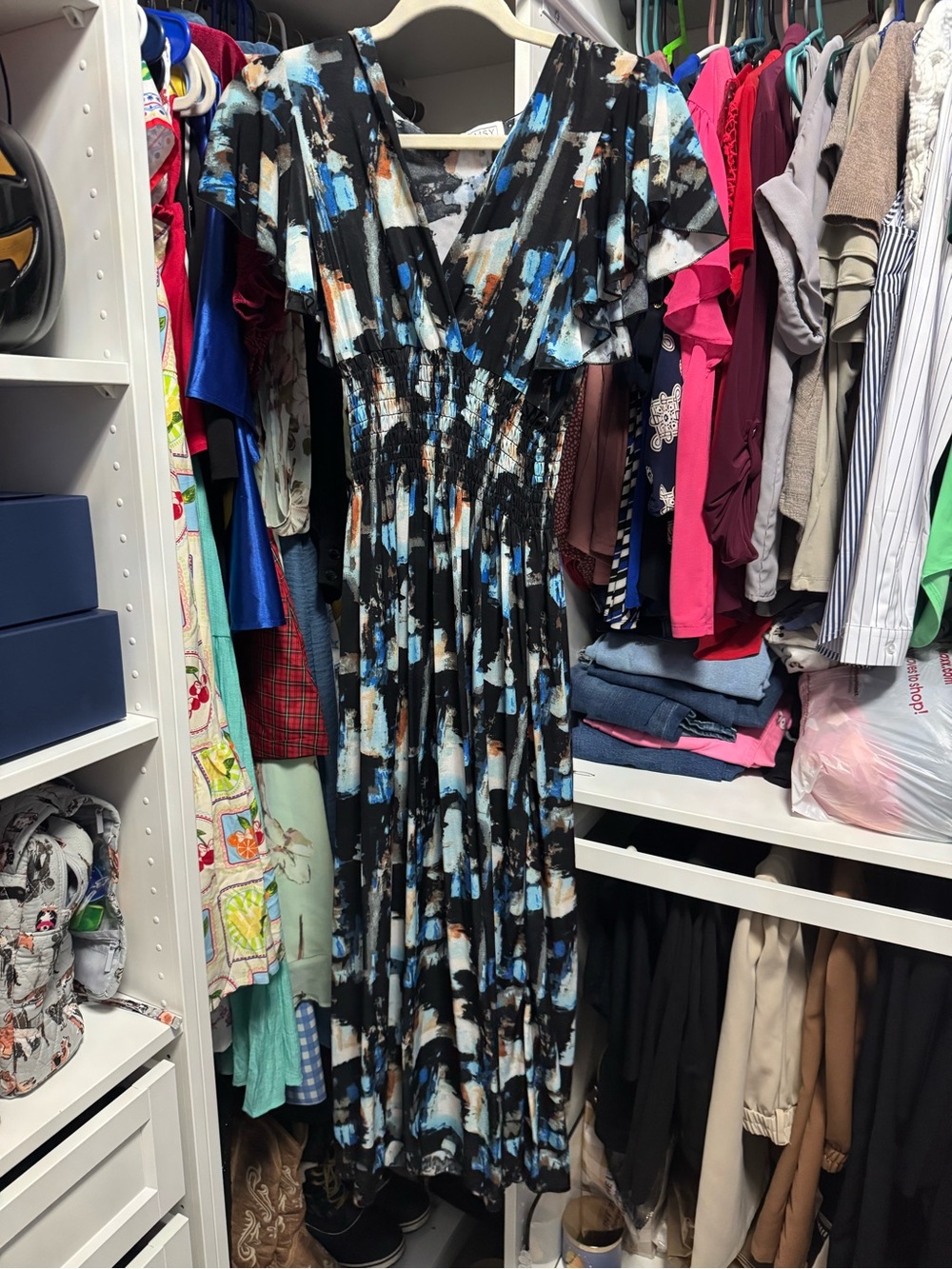 Black Abstract Print Maxi Dress with Blue & Cream Accents